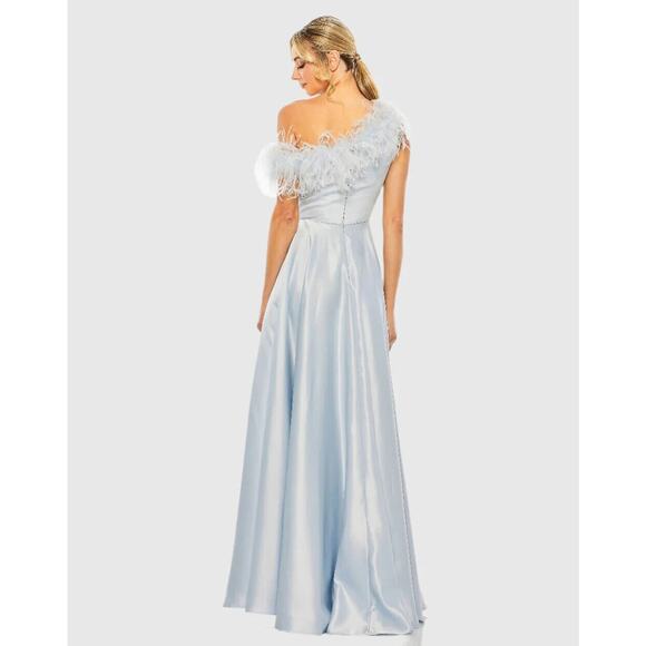 MAC DUGGAL 11684 SZ 14 ONE SHOULDER A-LINE GOWN WITH FEATHER DETAIL BLUE - Picture 4 of 6